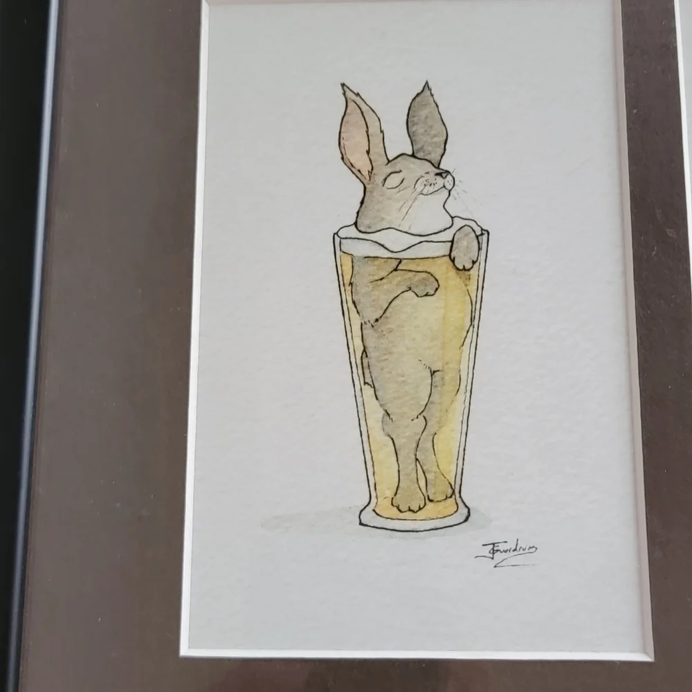 𝅺original Beer Art Bar Painting  Blissful Bobcat and Rabbit Pilsner T12